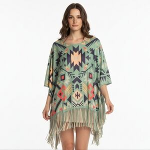 Montana West Women's Poncho with Sleeves One Size Green With SW Print NWT